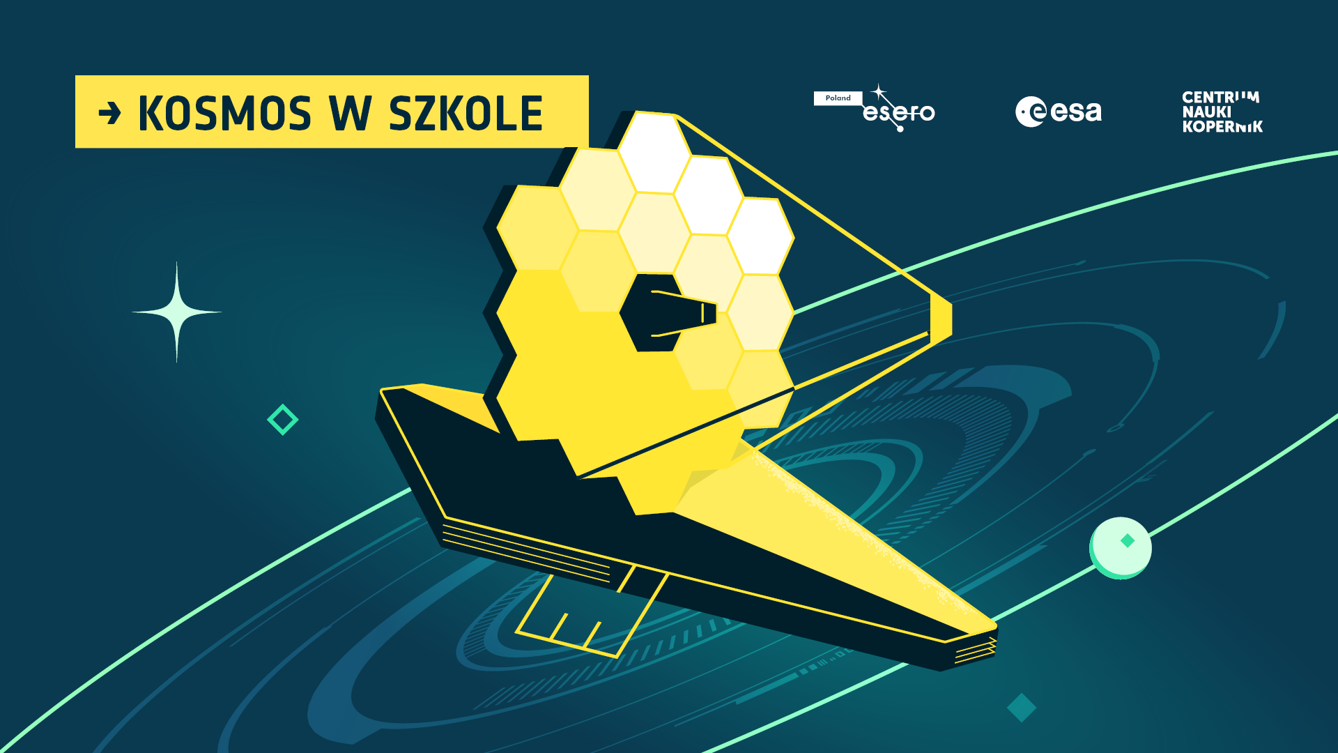 Niebieskie tło, na nim prosty, żółto-złoty statek kosmiczny, w tle widać pierścienie jak u Saturna. 