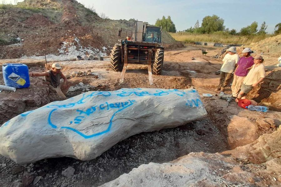 Zabezpieczanie szkieletu mastodonzaura podczas wykopalisk