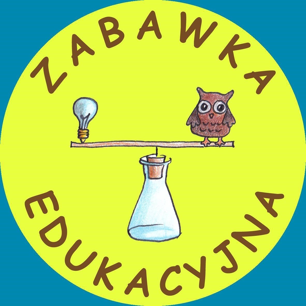 Logo konkursu: żółte koło wpisane w niebieski kwadrat, a w żółtym kole – żarówka i sowa na krańcach żerdzi umieszczonej poziomo nad zlewką jak ramię wagi.