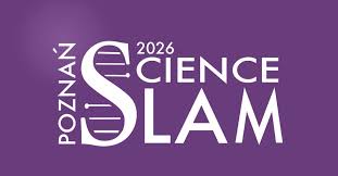 Logo wydarzenia Poznań Science Slam 2026 na fioletowym tle; stylizowany napis z motywem DNA w literze S.