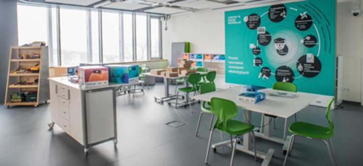 Zdjęcie przedstawia pomieszczenie z szarą podłogą, dużymi oknami, białymi półkami i mobilną szafką, na których znajdują się kolorowe zestawy edukacyjne, białymi biurkami, zielonymi krzesłami, ekranem interaktywnym, mobilną majsterkownią i dużym zielonym bilboardem przedstawiającym schemat procesu tworzenia rozwiązań edukacyjnych.