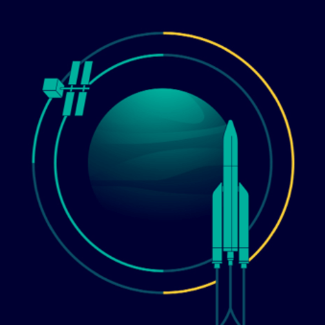 Granatowe tło a na nim, na dwóch żółtych i niebieskich okręgach ikony rakiety oraz satelity.
