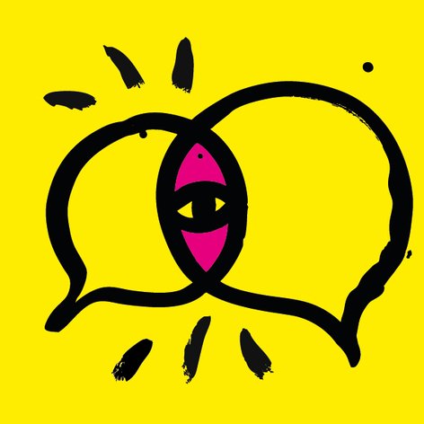 Czarnoróżowa grafika na żółtym tle przedstawiająca dwa nachodzące na siebie dymki dialogowe z okiem pośrodku.
