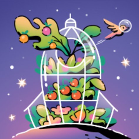 Ilustracja: rośliny i owoce rosną w szklanej szklarni, nad którą lata ptak.