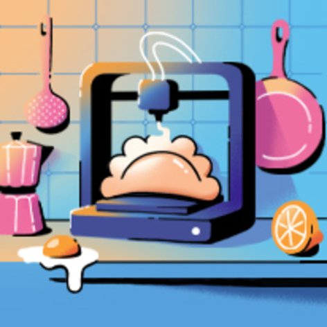 Ilustracja kuchni: urządzenie drukuje jedzenie 3D, obok kawiarka, patelnia i jajko.