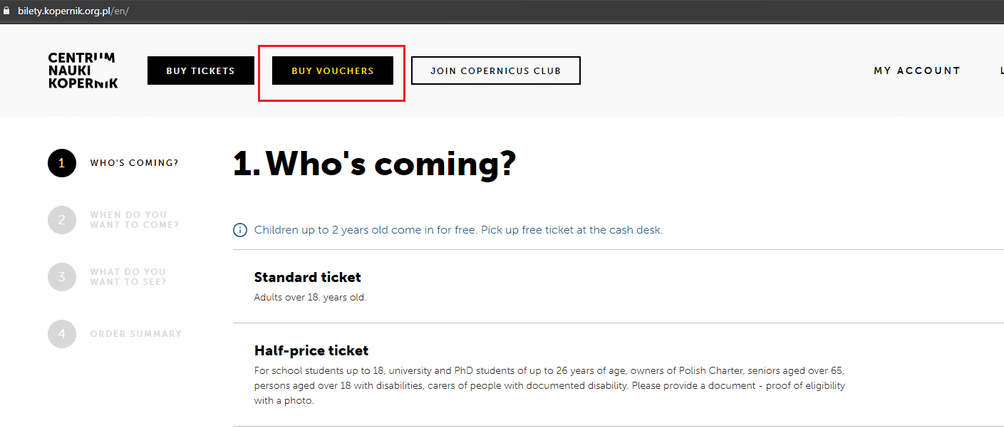 Informacja, gdzie na stronie sprzedażowej kliknąć, aby kupić voucher.