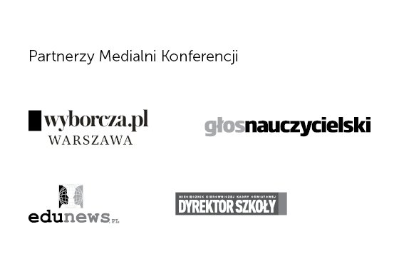 Logotypy medialnych partnerów konferencji PP 2021: warszawska wyborcza.pl, głos nauczycielski, edunews.pl, Dyrektor Szkoły 