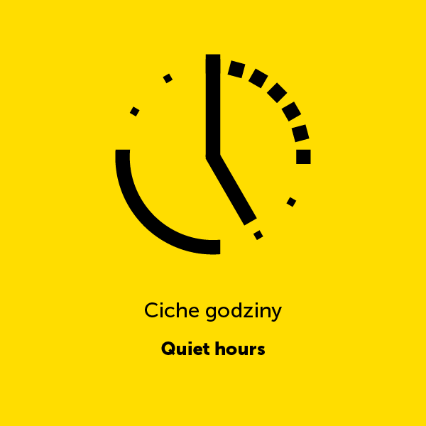 Żółte tło, na nim ikona zegara, pod spodem napis "Ciche godziny"