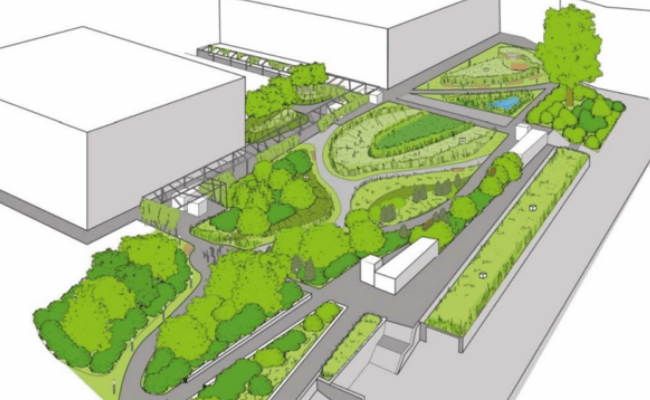 Wizualizacja przyszłego Parku Bioróżnorodności  zielony teren między budynkami Kopernika a Bulwarami Wiślanymi.