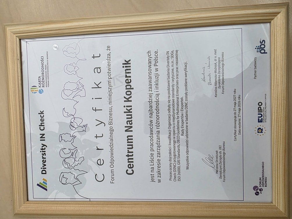 Certfikat wydany prze Forum Odpowiedzialnego Biznesu dla Centrum Nauki Kopernik