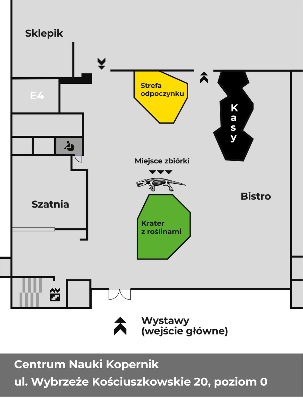 Mapa z miejscem zbiórki - po środku strefy kasowej, przed wejściem na Wystawy.