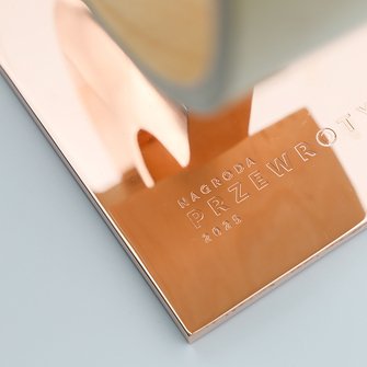 Napis „Nagroda PRZEWROTY 2025” wygrawerowany na miedzianej podstawie statuetki.