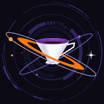 Czarna kwadratowa plansza z białą filiżanką z kawą w centrum, otoczoną trzema orbitami, na tle fioletowego zarysu stacji kosmicznej 