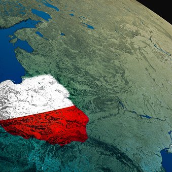 Widok satelitarny fragmentu Ziemi z obszarem Polski wypełnionym polską flagą.  