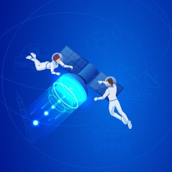 Utrzymana w granatowoniebieskiej tonacji grafika przedstawia dwoje kosmonautów unoszących się w przestrzeni kosmicznej w stanie nieważkości z obu stron satelity.