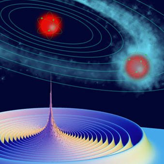 Abstrakcyjna wizualizacja fizyczna: czerwone atomy i orbity na tle falowych struktur przypominających czasoprzestrzeń.