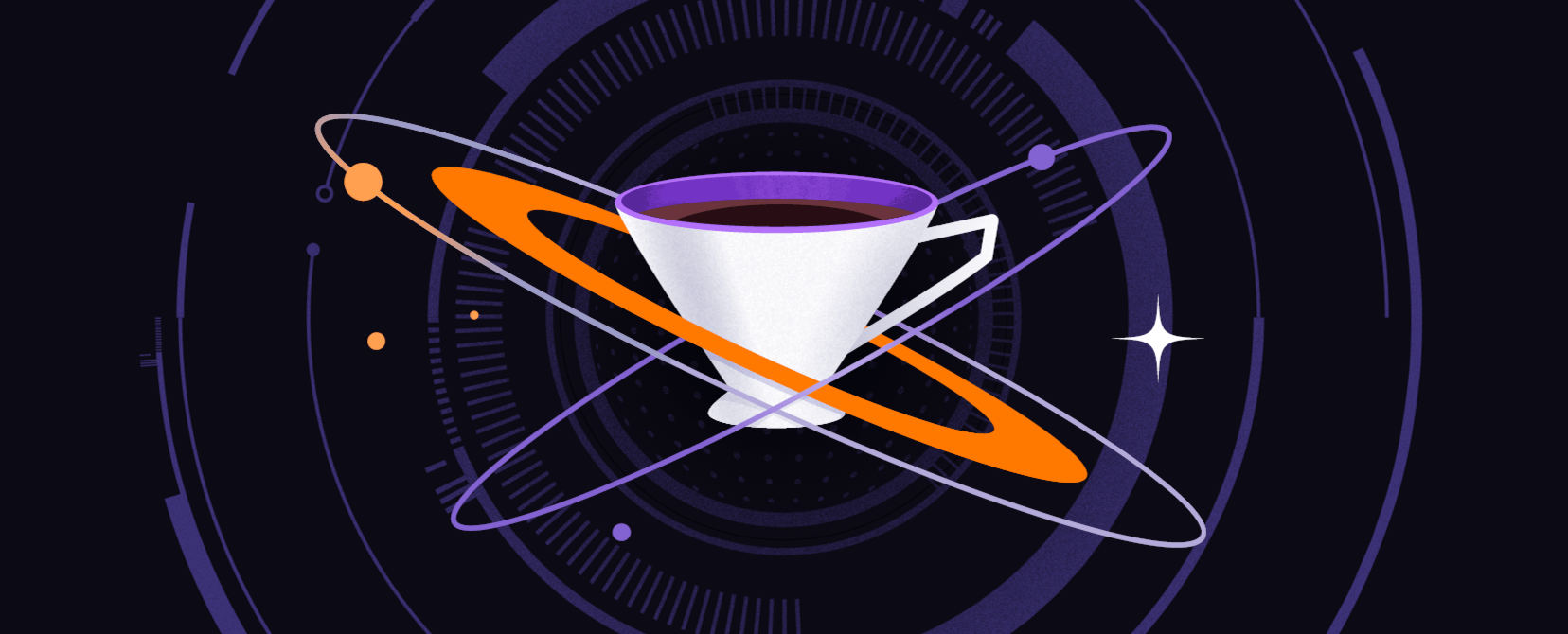 Czarna prostokątna plansza z białą filiżanką z kawą w centrum, otoczoną trzema orbitami, na tle fioletowego zarysu stacji kosmicznej 