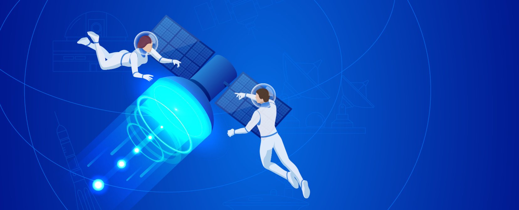 Utrzymana w granatowoniebieskiej tonacji grafika przedstawia dwoje kosmonautów unoszących się w przestrzeni kosmicznej w stanie nieważkości z obu stron satelity.