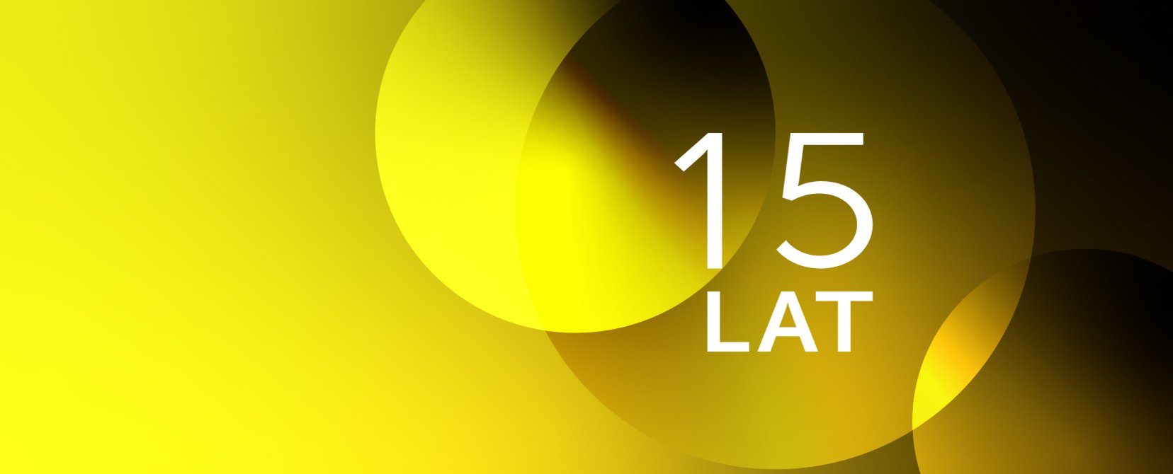 Zółto-czarna abstrakcyjna grafika z białym napisem 15 lat. 