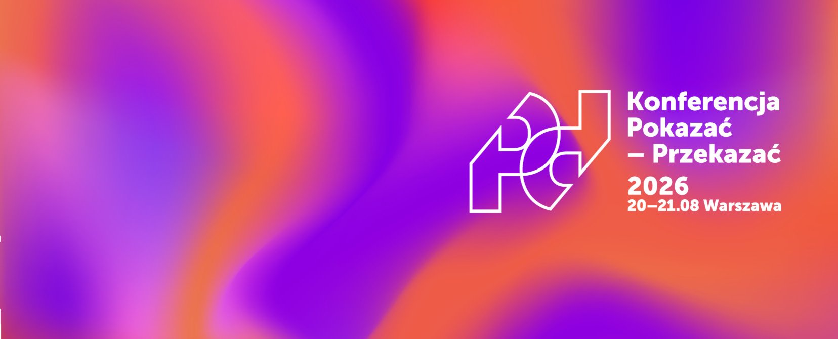 Abstrakcyjna pomarańczowo-fioletowa grafika z logo konferencji Pokazać - Przekazać 2026. 