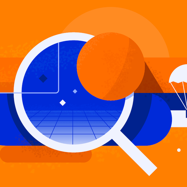 Kolorowa grafika, pomarańczowe tło, na środku duża lupa