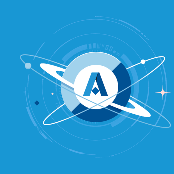 Niebieskie tło, w centrum koło z literą A otoczone pierścieniami jak Jowisz