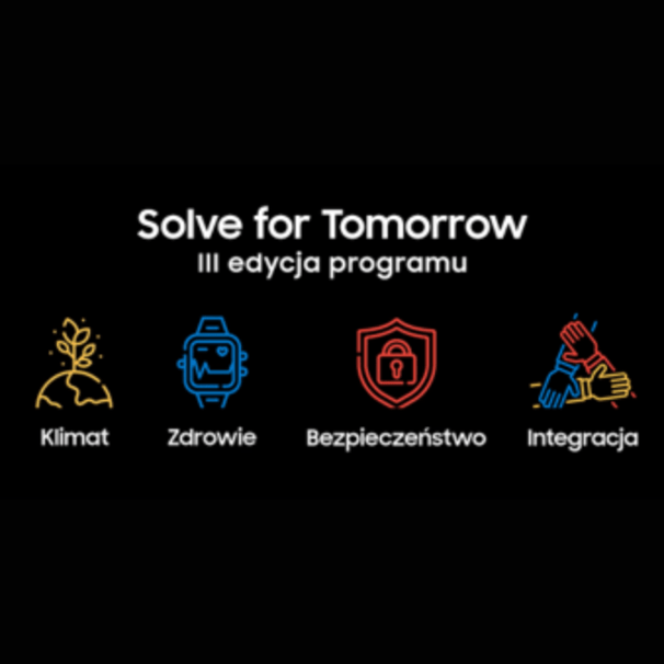Czarna plansza z białą nazwą III edycji programu Solve for Tomorrow oraz żółto-czerwono-niebieskimi ikonami przedstawiającymi obszary  współczesnych wyzwań: klimat, zdrowie, bezpieczeństwo i integracja.