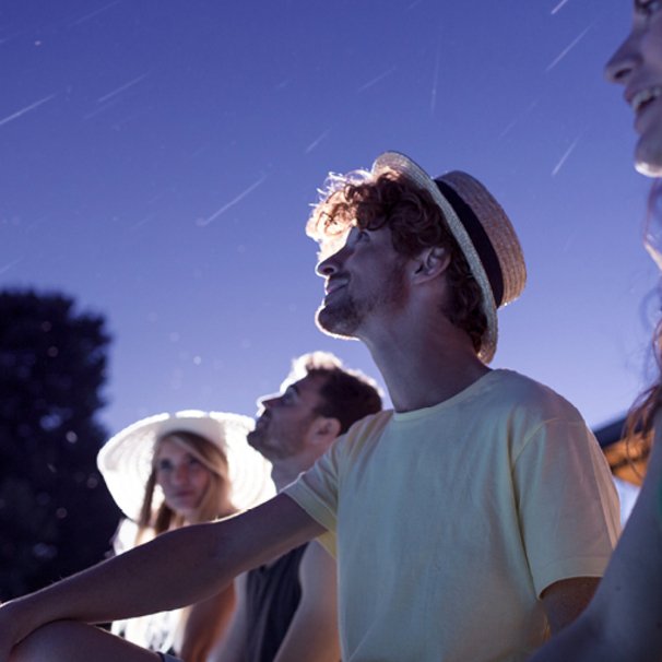  Grafika przedstawia ludzi patrzących w nocne niebo, na którym widać spadające gwiazdy.