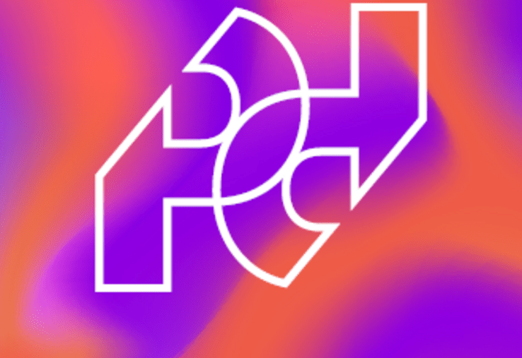 Abstrakcyjna pomarańczowo-fioletowa grafika z logo konferencji Pokazać - Przekazać 2026. 