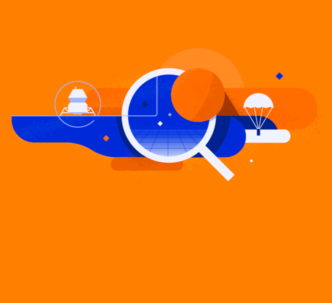 Kolorowa grafika, pomarańczowe tło, na środku duża lupa