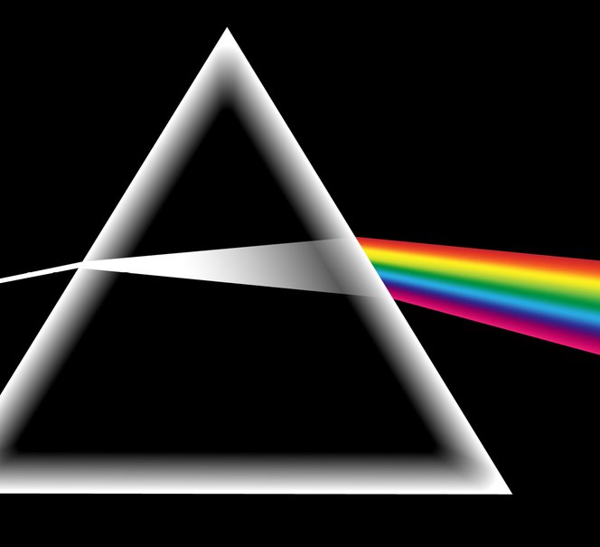 Na czarnym tle widać na środku biały trójkąt, przez który przechodzi promień światła jak przez pryzmat, rozbijając się na tęczę.
