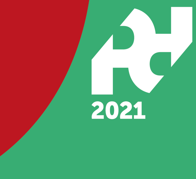 Tło czerwono-zielone, na nim logo konferencji Pokazać-Przekazać (dwie białe litery P odwrócone do siebie).