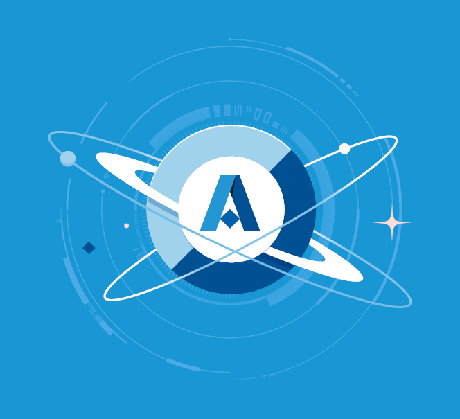 Niebieskie tło, w centrum koło z literą A otoczone pierścieniami jak Jowisz