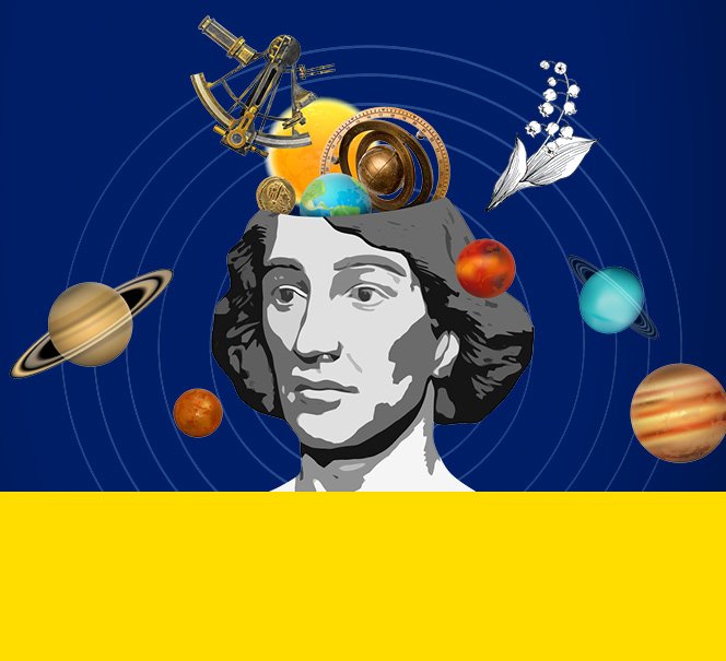 Na granatowym tle głowa Mikołaja Kopernika a wokół niej planety.