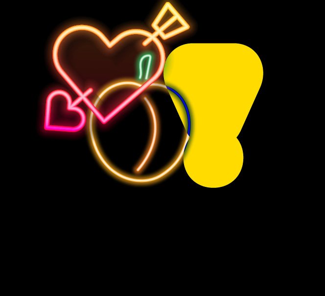 Na czarnym tle żółty wykrzyknik i neonowe ikony serca przebitego strzałą oraz brzoskwini.