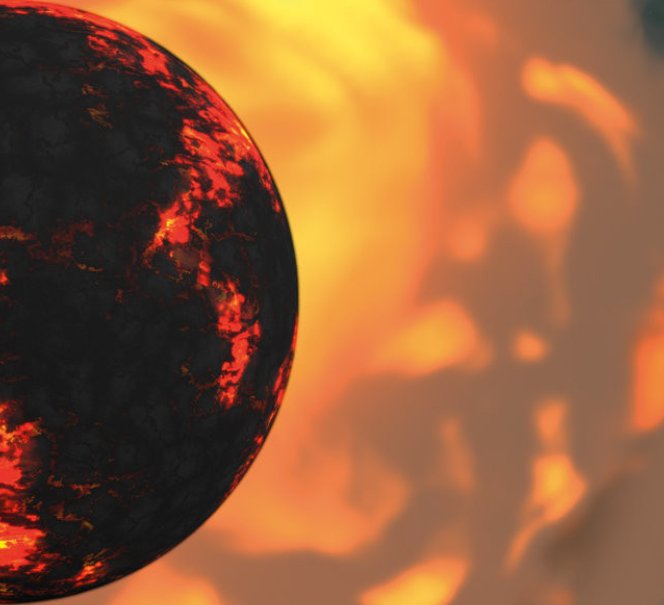 Ciemna kula pokryta płomienistymi pęknięciami unosząca się na tle jasnych, pomarańczowo-żółtych chmur ognia.