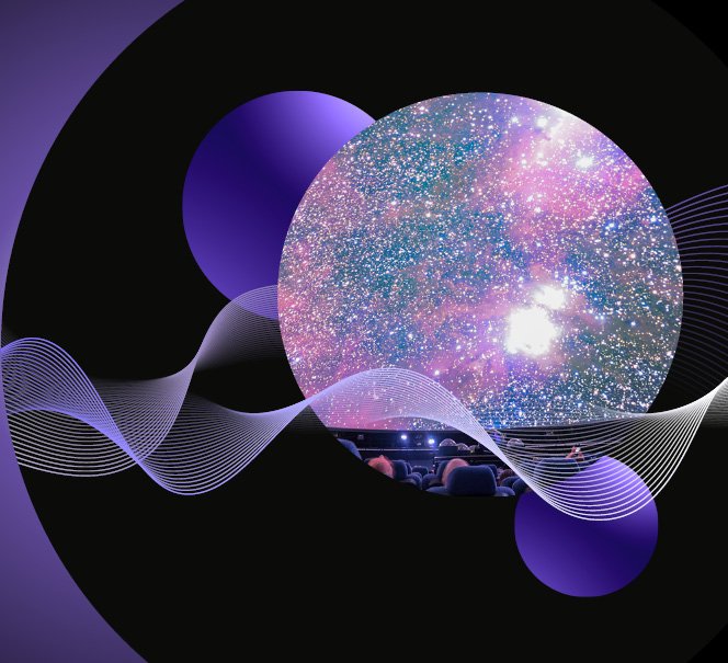 Kosmiczna grafika z widownią planetarium i rozgwieżdżonym niebem w kształcie kuli, otoczona fioletowymi okręgami i białymi, falującymi liniami.