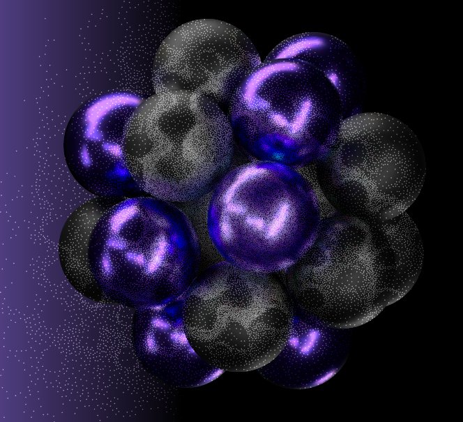 Abstrakcyjna wizualizacja cząsteczki lub struktury atomowej: grupa połyskujących fioletowych i czarnych kul na czarnym tle.