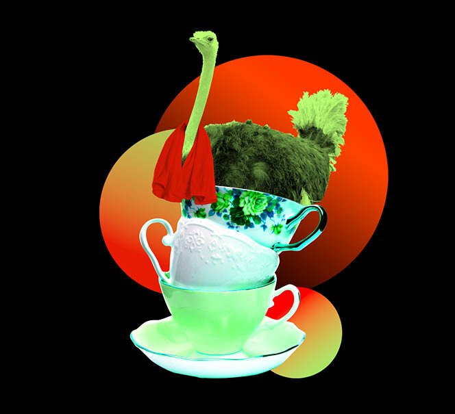 Surrealistyczny kolaż: filiżanki ułożone jedna na drugiej, z których wyrasta struś i zielone warzywa, na tle kolorowych okręgów na czarnym tle.