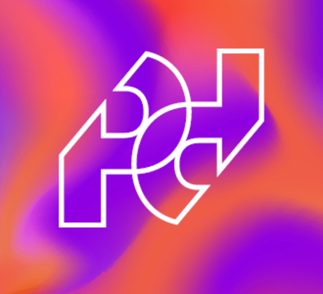 Abstrakcyjna pomarańczowo-fioletowa grafika z logo konferencji Pokazać - Przekazać 2026. 