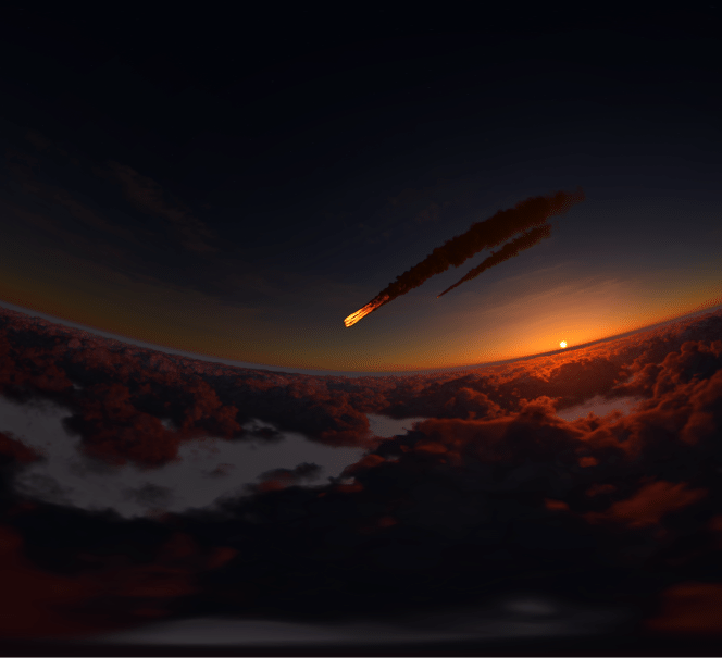 Płonący meteoroid przelatujący nad chmurami na tle zachodzącego słońca.